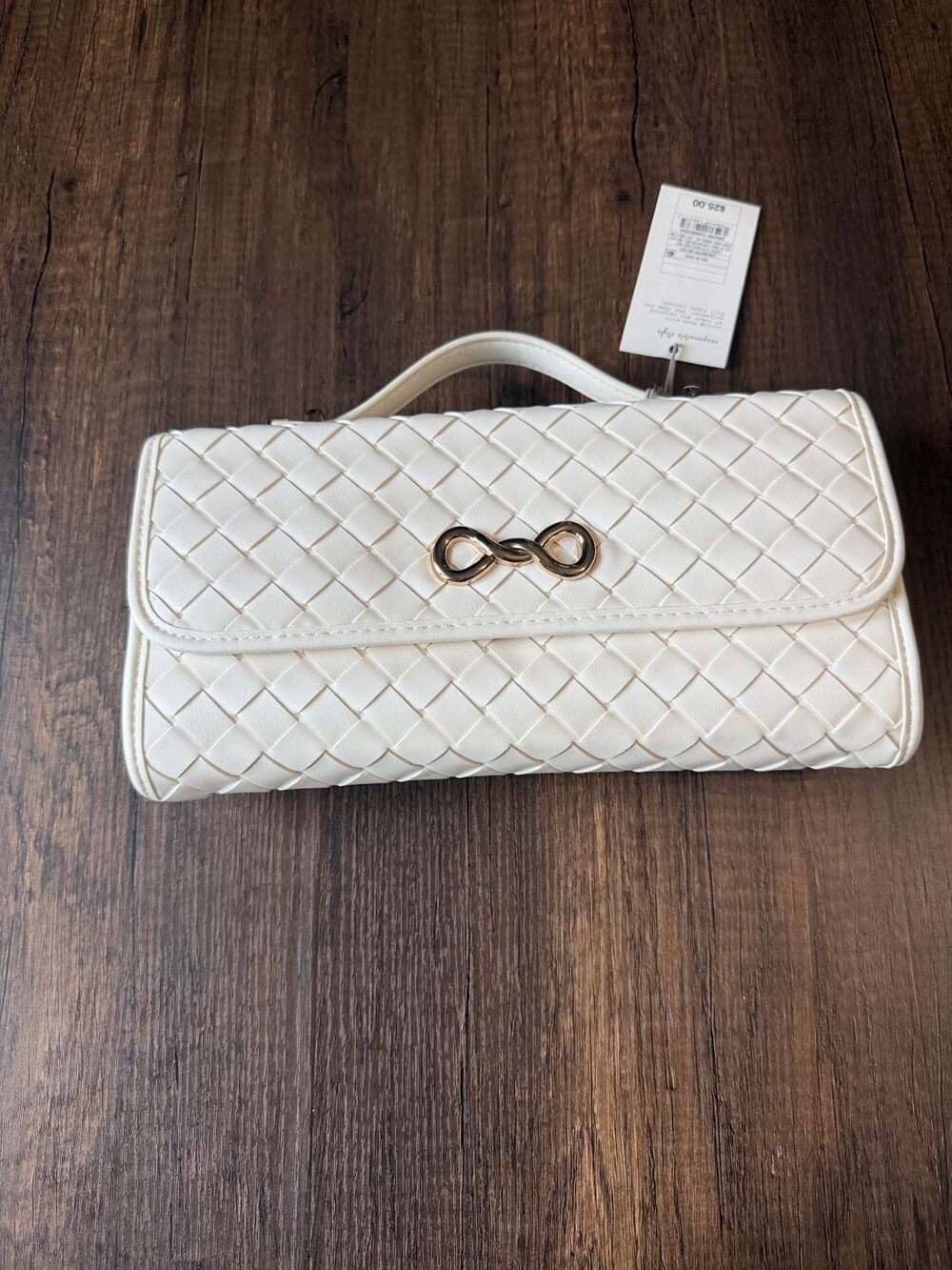 A New Day Woven Clutch Bag Cream White Gold Metal Embellishment